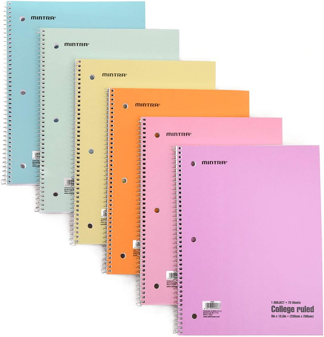 Mintra Office Spiral Notebooks - Pastel, College Ruled, 6 Pack, For School, Office, Business, Professional,70 Sheets