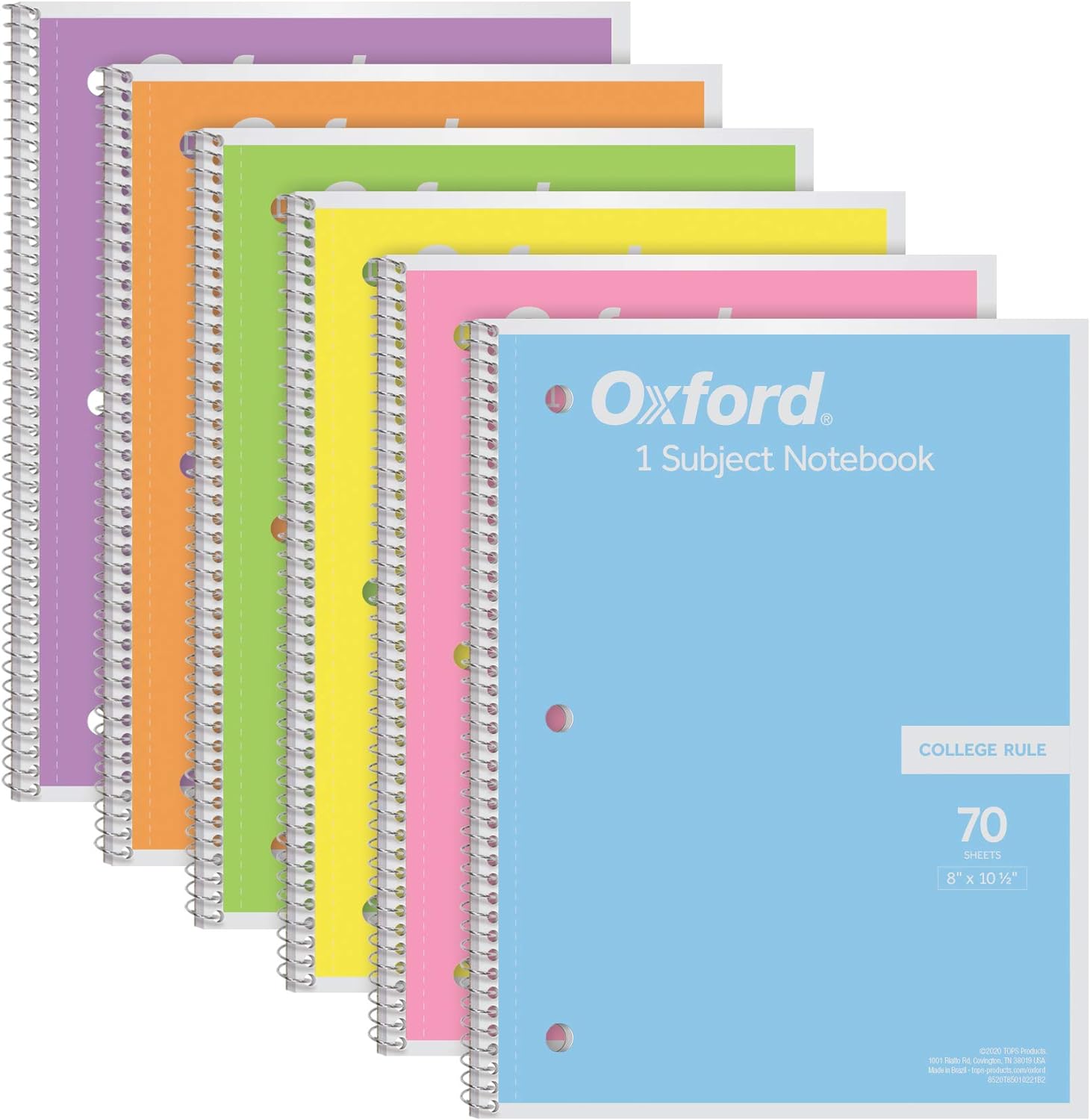 Oxford Spiral Notebook 6 Pack, 1 Subject, College Ruled Paper, 8 x 10-1/2 Inch, Pastel Pink, Orange, Yellow, Green, Blue and Purple, 70 Sheets (63756)