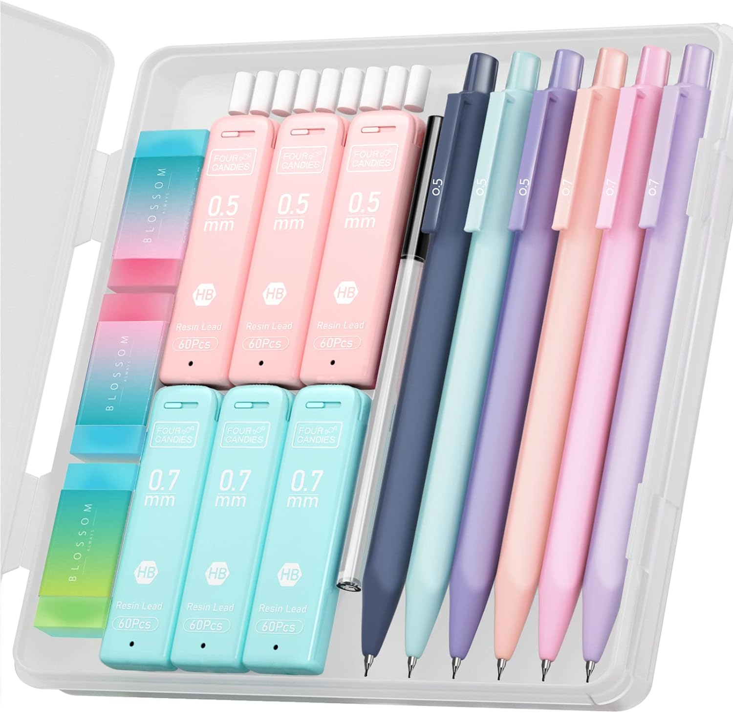 Four Candies Cute Mechanical Pencil Set, 6PCS Pastel Pencils 0.5mm & 0.7mm with 360PCS HB Pencil Leads, 3PCS Erasers and 9PCS Eraser Refills, Aesthetic Mechanical Pencils for Girls Writing