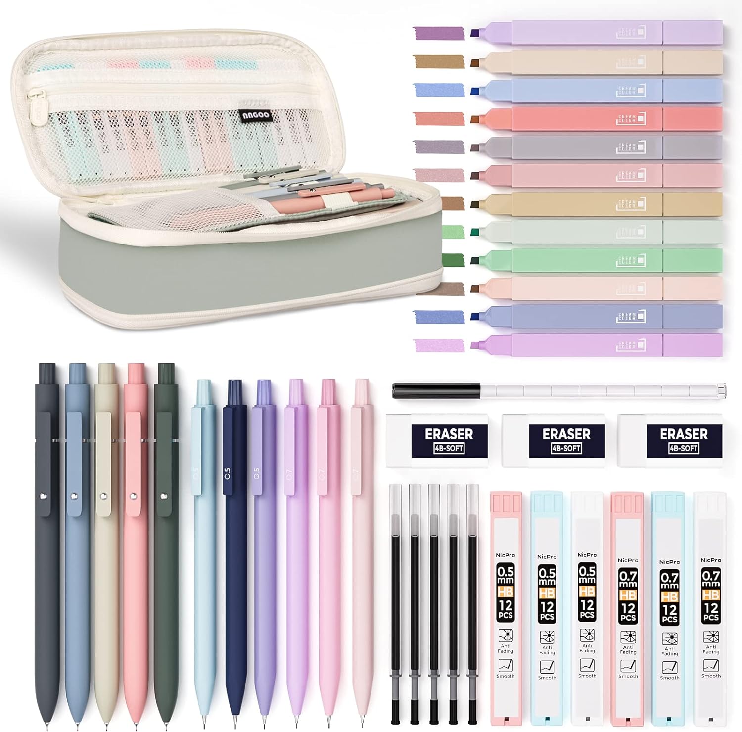 Nicpro 39PCS Aesthetic School Supplies - Big Capacity Pen Case, 12 Cute Highlighters, 5 Retractable Black Ink Pens, 6 Mechanical Pencils 0.5 & 0.7 mm