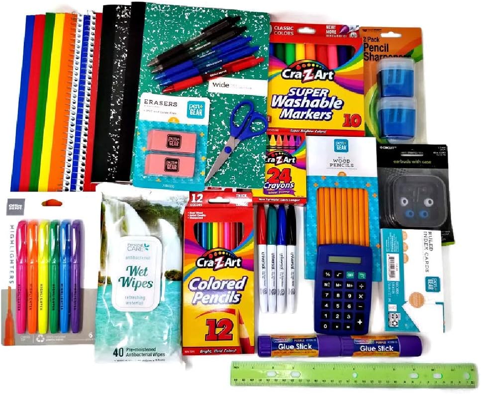 Essential School Supplies Bundle 4th Thru 7th Grades with Pencil Sharpeners, Erasers, Glue Sticks, Wet Wipes, Folders, Crayons, Highlighters, Ruler, Scissors and Notebooks (33 Items)