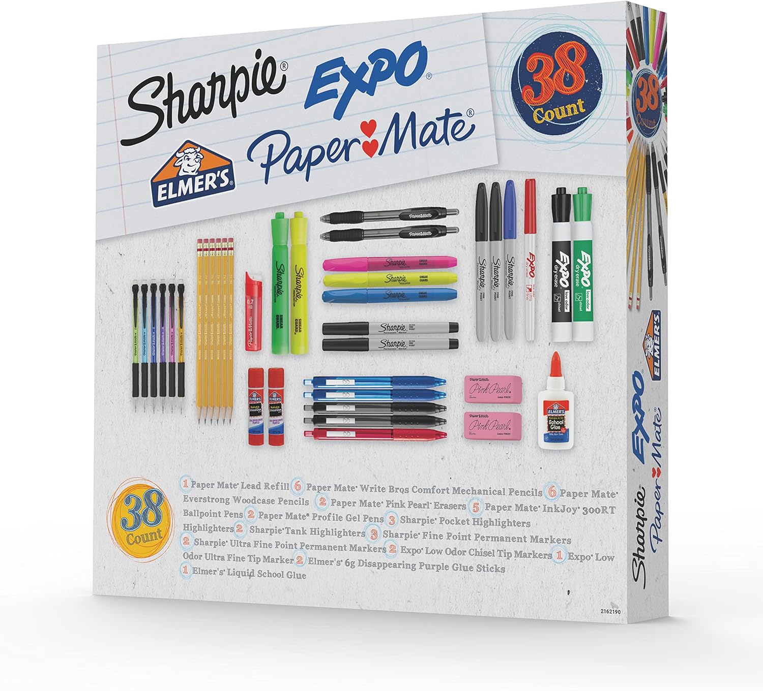 School Supplies Variety Pack, Sharpie, Expo, Paper Mate, Elmers, Permanent Markers, Mechanical Pencils, Woodcase Pencils, Ballpoint Pens, Gel Pens, School Glue, Glue Sticks, and More, 38 Count