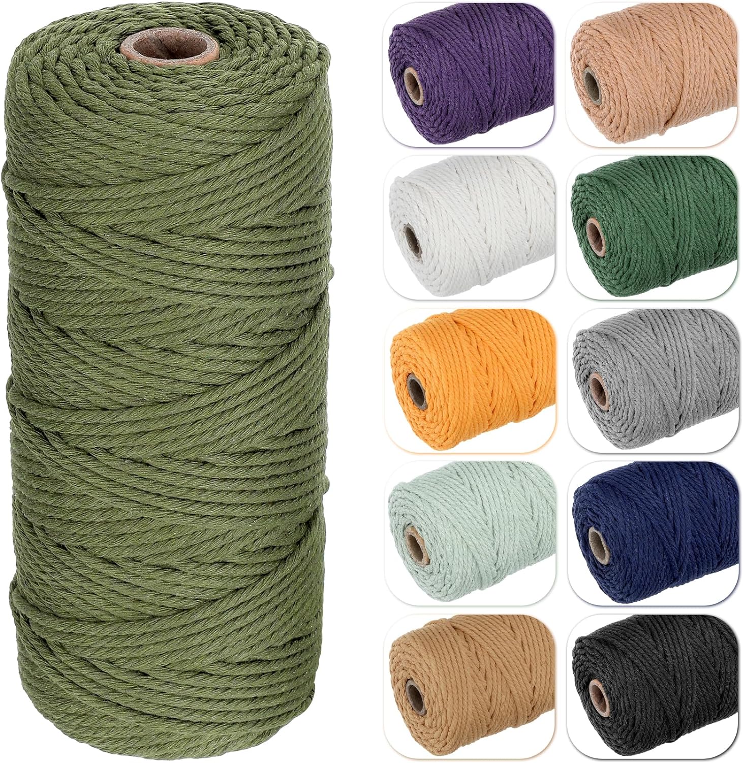 Blisstime Macrame Cord 3mm X 109 Yards Natural Cotton Macrame Rope 4 Strand Twisted Cotton Cord Undyed Cotton Rope for Wall Hangings, Plant Hangers, Crafts, Knitting, Decorative Projects (Olive Green)