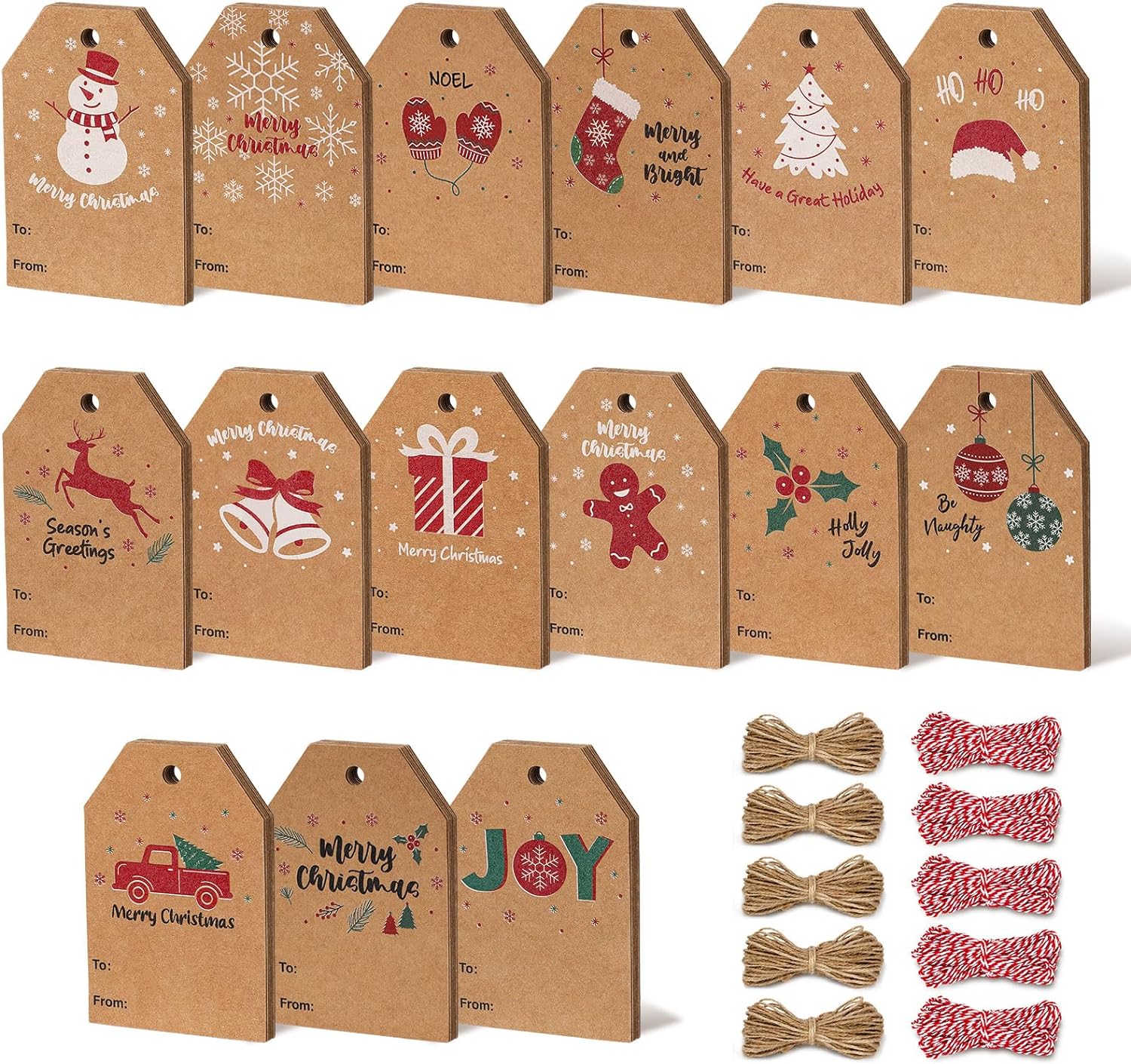 Blisstime Christmas Kraft Paper Gift Tags Pack of 120, Christmas Label Gift Tags with String Natural Jute Twine for Gift Wrapping