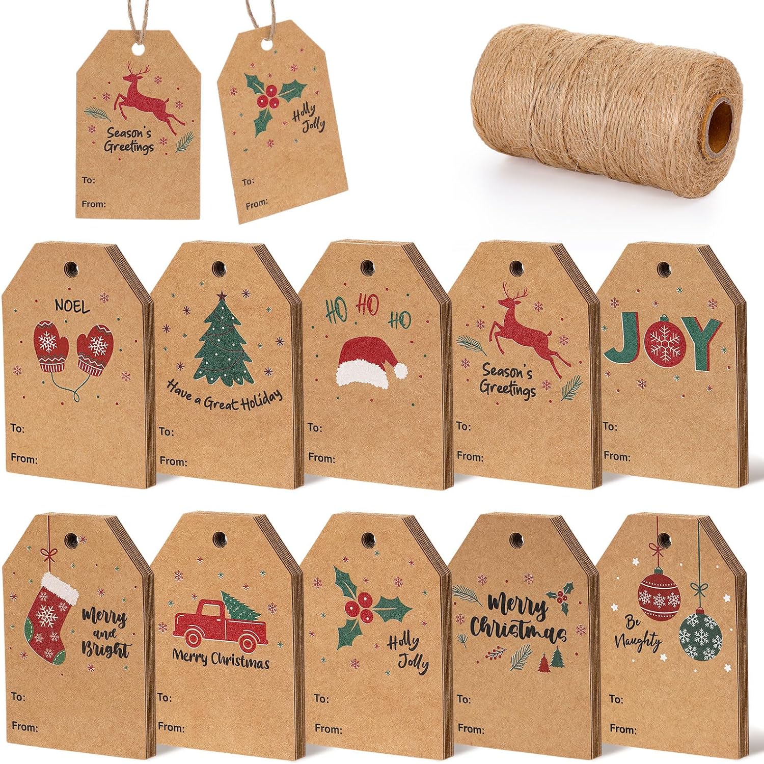 Blisstime 328 Feet Natural Jute Twine and 100PCS Christmas Gift Tags, Kraft Paper Brown Price Tags Labels for Christmas Gift Wrapping