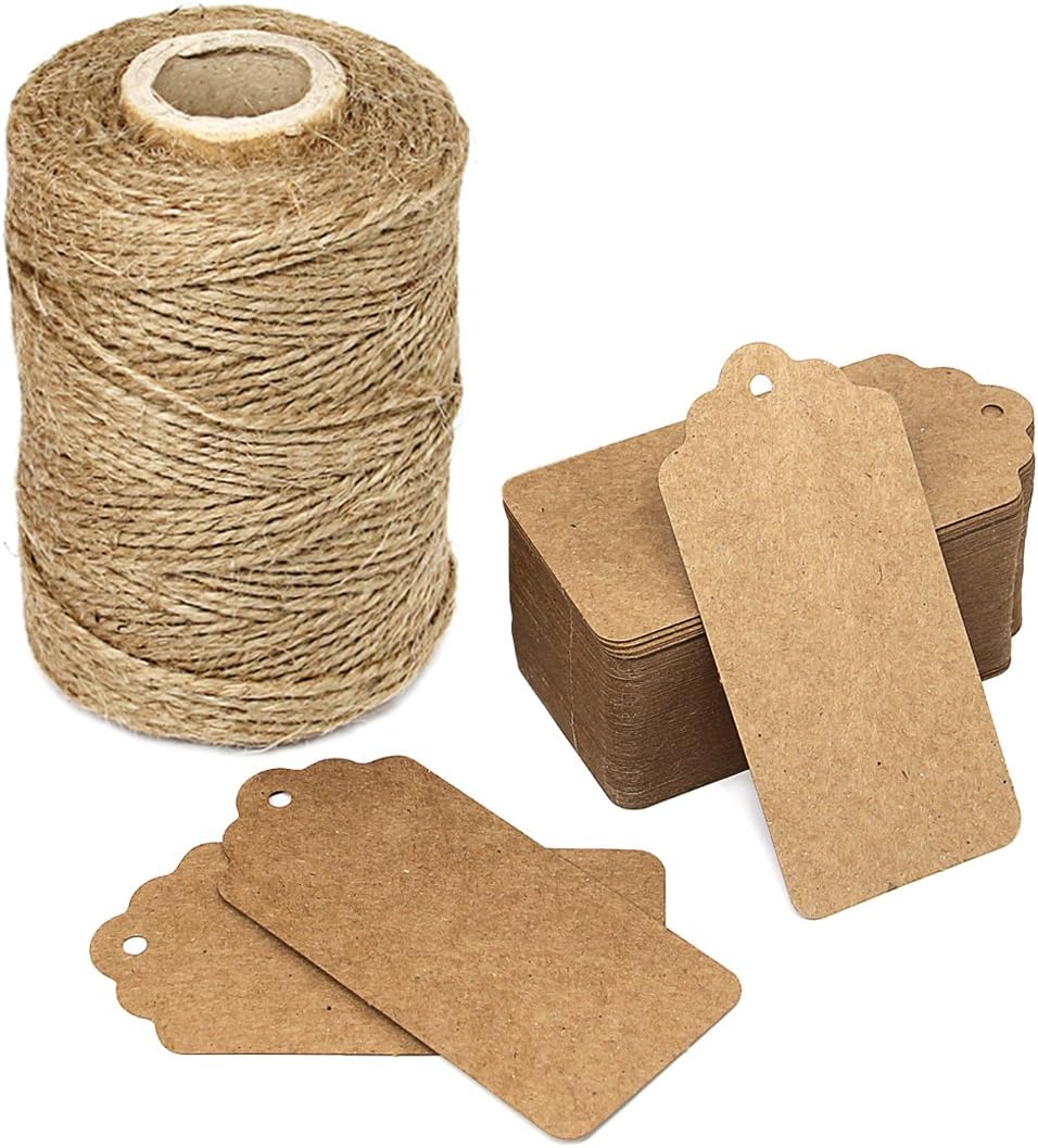 300 Feet Natural Jute Twine and 100PCS Brown Rectangle Kraft Paper Gift Tags for Crafts & Price Tags Labels by Blisstime