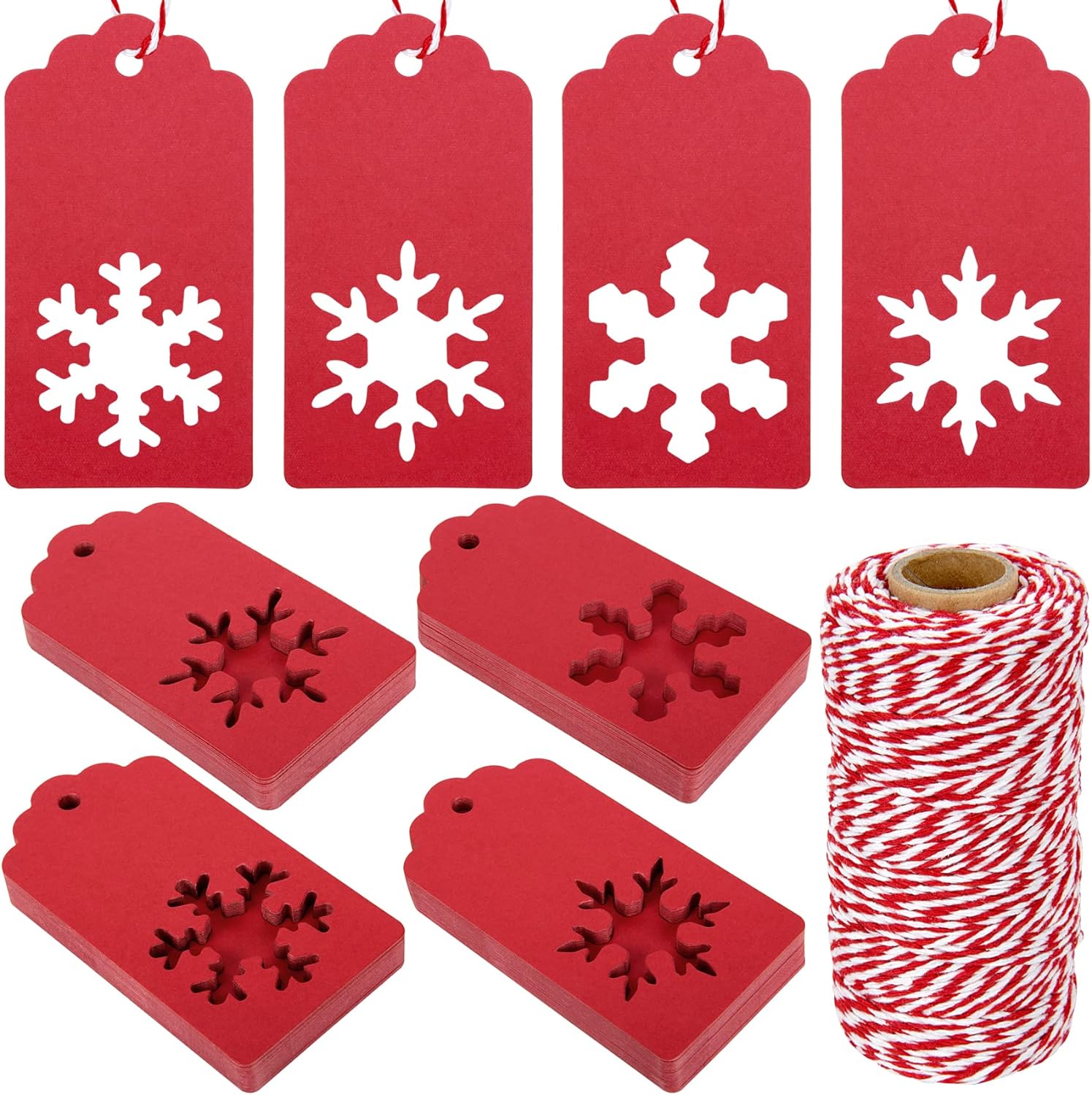 Blisstime 100 PCS Christmas Gift Tags in 4 Styles Snowflakes with 300 Feet Red and White Twine, Kraft Paper Snowflake Tags for Christmas Tree Hanging and Gift Wrapping