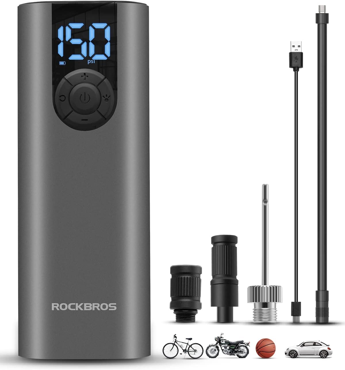 ROCKBROS Portable Air Pump 150PSI Mini Electric Tire Pump Inflator 5 Modes Cordless Air Compressor with 2 * 2600 mAh Rechargeable Lithium Battery Bike Motorcycle Car Tire Pump with LED Light Balls