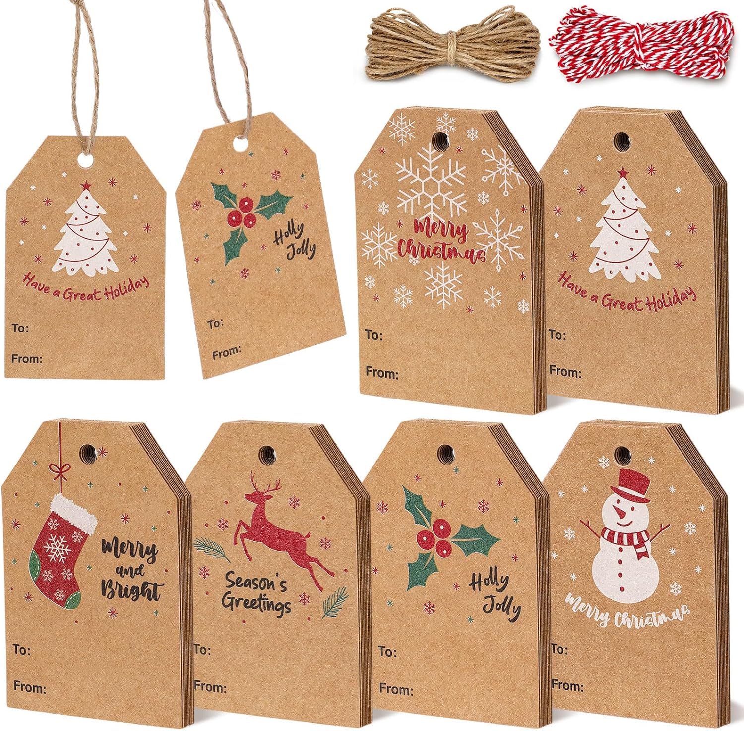 Blisstime Christmas Gift Tags with String 60pcs Twine for Gift Wrapping, Brown Gift Tags for Christmas Presents, Kraft Paper Tags Christmas Packaging
