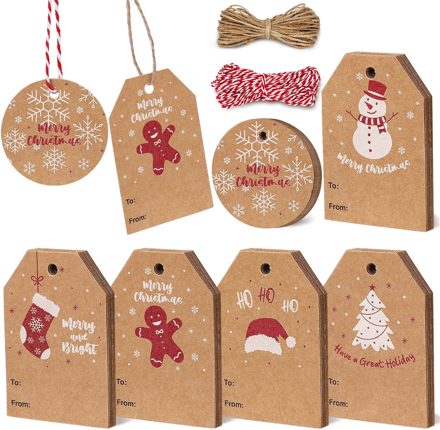 Blisstime 60pcs Christmas Gift Tags with String, Brown Kraft Gift Tags 6 Designs Xmas Tags for Gifts Wrapping