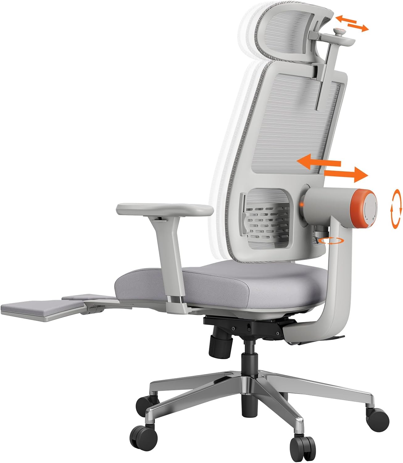 Newtral Ergonomic Chair with Footrest - Home Office Desk Gaming Chair with Auto-Following Lumbar Support & 5D Headrest, 4D Armrest, Adjustable Seat Depth & Height, 96-136 Reclines, Grey