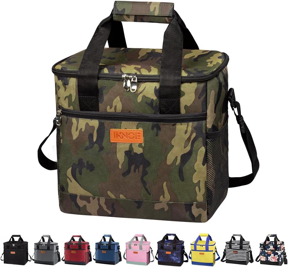Iknoe Large Cooler Bag Collapsible 24 Can, Insulated Bags Leakproof Lunch Cooler Tote with Multi-Pockets for Adult, Insulated Lunch Box for Beach, Picnic, Work(Camo)