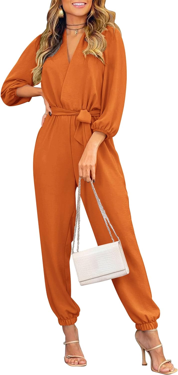 PRETTYGARDEN Women' 2024 Fall Jumpsuits Casual Dressy One Piece Outfits V Neck Long Sleeve Belt Pockets Long Pants Romper