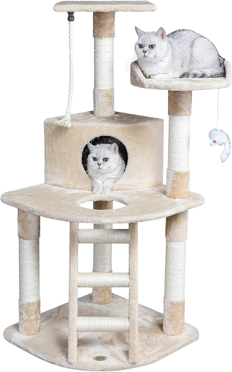 Go Pet Club 48 Corner Cat Tree Kitty Condo Kitten Tower Furniture with Multiple Scratching Posts, Sisal Covered Ladder, Plush Condo Platform, and Hanging Toy for Indoor Cats, Beige