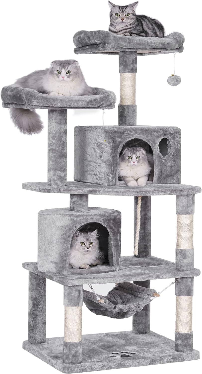 BEWISHOME Cat Tree with Sisal Scratching Posts, 2 Condos, Plush Perches, Jingly Balls and Hammock, Cat Condo Tower Furniture Kitty Kitten Activity Center Pet Play House Light Grey MMJ01G