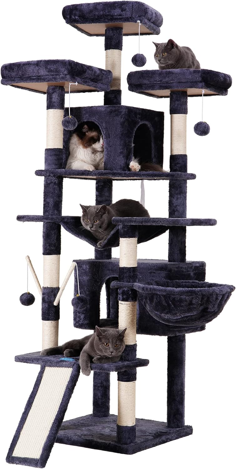 Hey-brother Cat Tree, 71 inches XL Large Cat Tower for Indoor Cats, Multi-Level Cat House with 3 Padded Perches, Big Scratcher, Cozy Basket, 2 Cat Condos and Scratching Posts, Smoky Gray MPJ034G