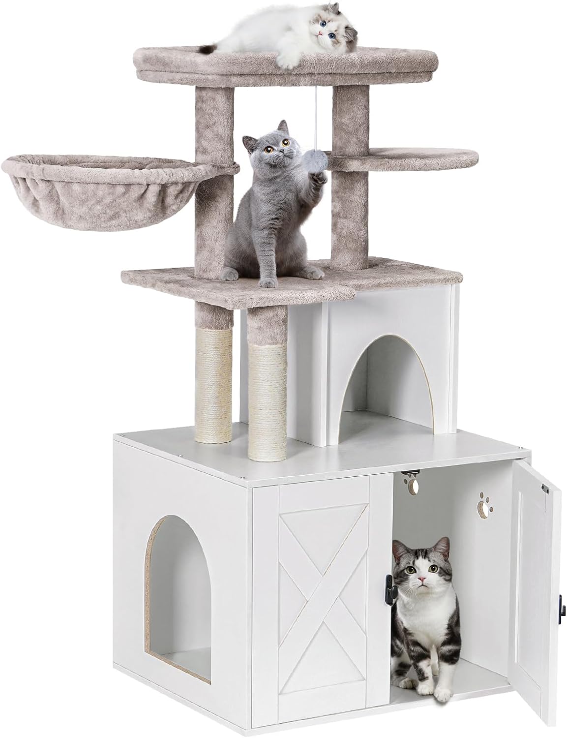 Snughome Cat Litter Box Enclosure with Cat Tree Tower and Condo, Hidden Cat Washroom Furniture with Sisal Scratching Post and Soft Plush Perch, Wooden Cat Furniture with Multiple Platforms, White