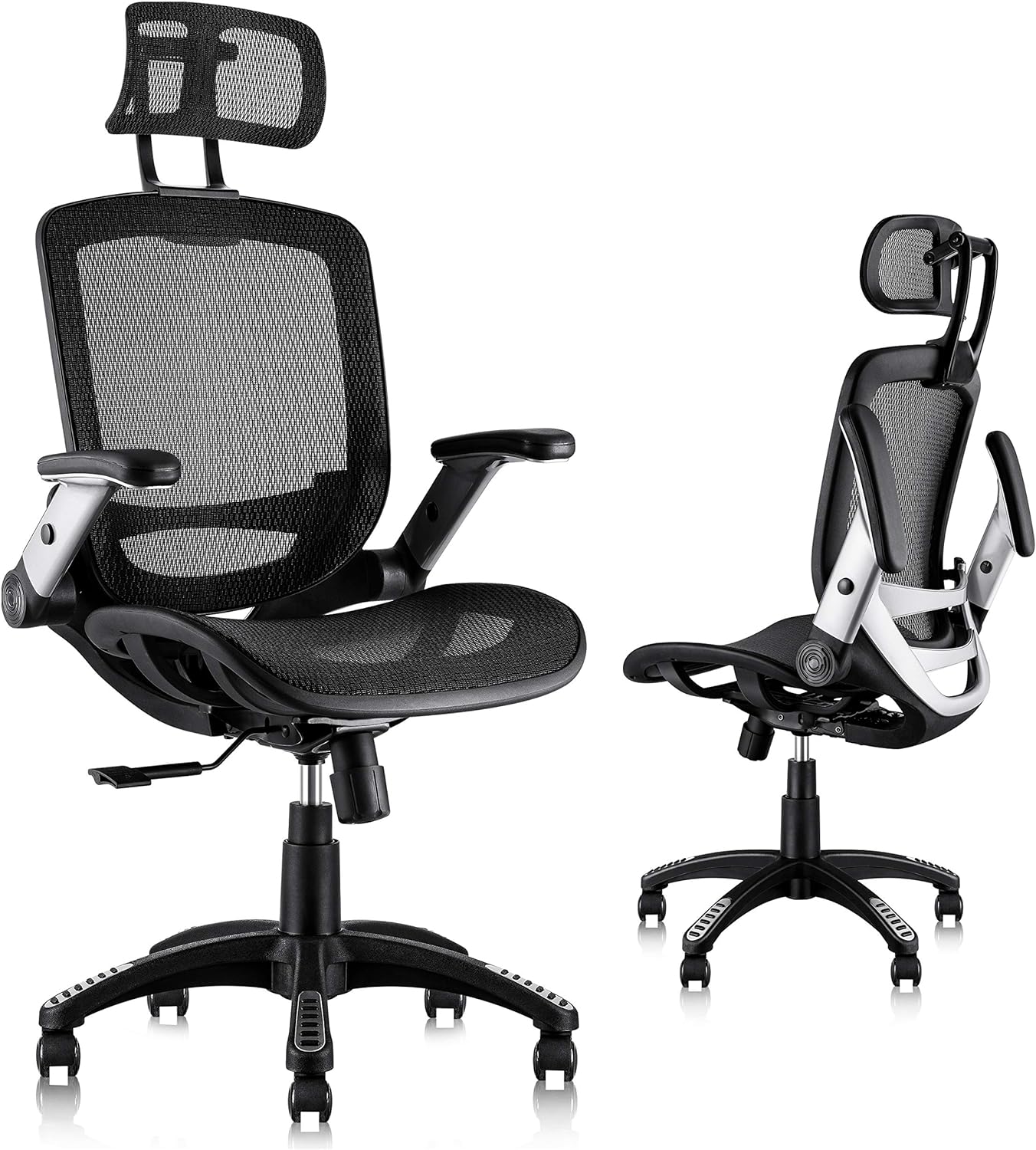 GABRYLLY Ergonomic Mesh Office Chair, High Back Desk Chair - Adjustable Headrest with Flip-Up Arms, Tilt Function, Lumbar Support and PU Wheels, Swivel Computer Task Chair