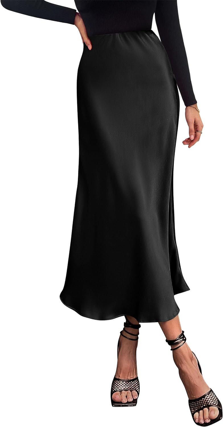 PRETTYGARDEN Women' Midi Satin Skirt Dressy Casual High Waisted A Line Flowy Ruffle Elegant Party Skirts