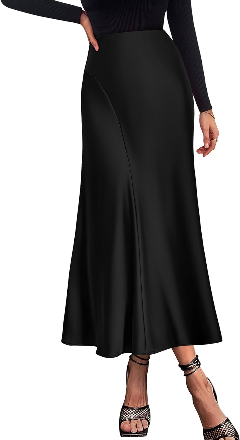 PRETTYGARDEN Women' Satin Midi Skirts 2024 Summer High Waisted A Line Elegant Cocktail Party Long Silk Skirt