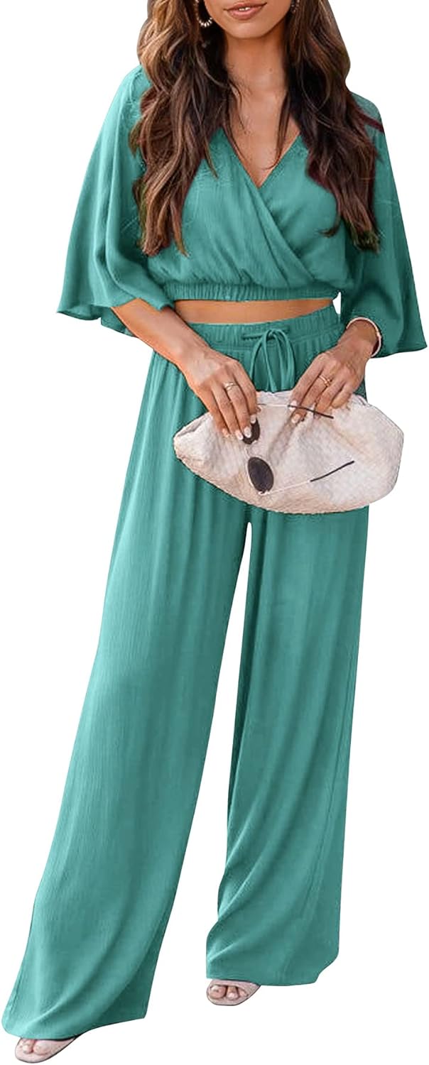 PRETTYGARDEN 2 Piece Outfits For Women 2024 Summer Short Sleeve Wrap V Neck Crop Tops Wide Leg Pants Set