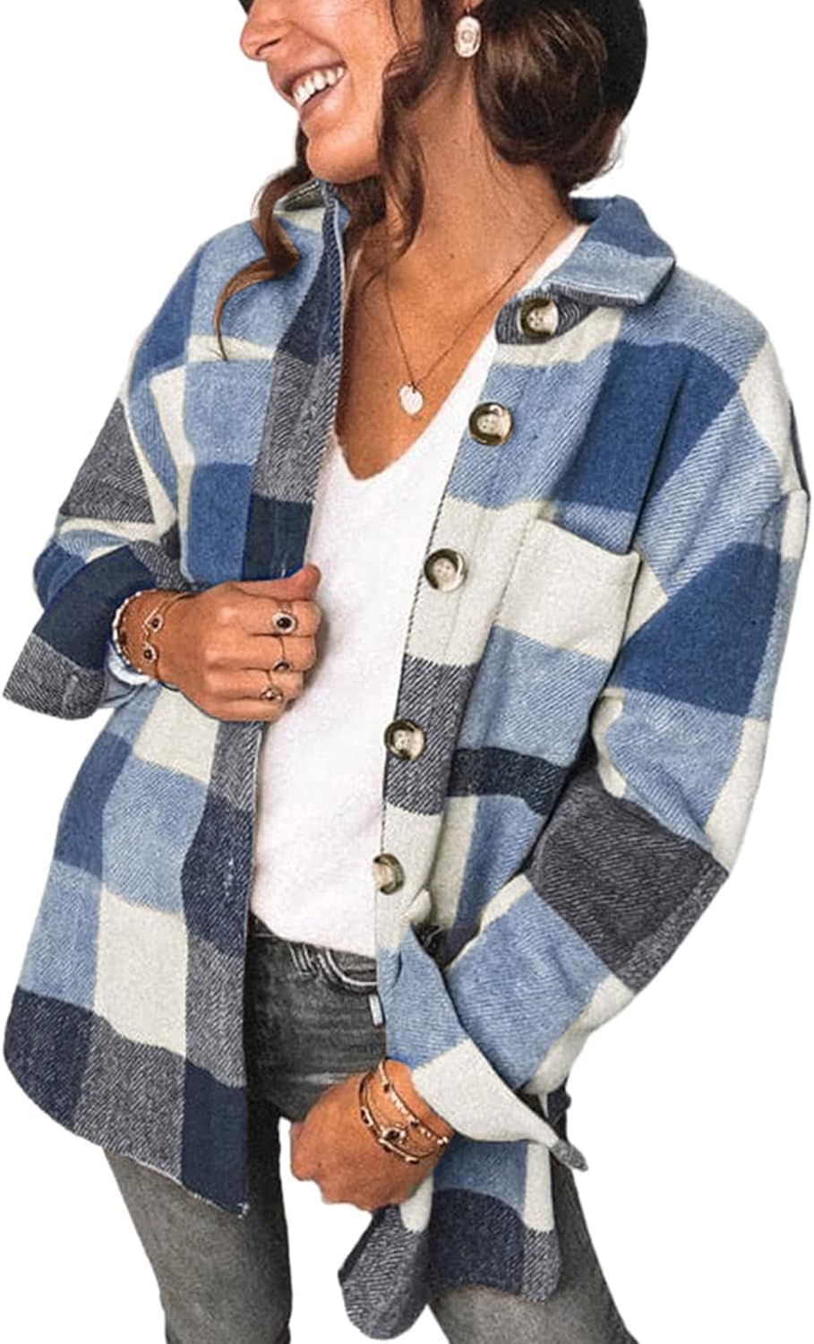 PRETTYGARDEN Women' 2024 Fall Clothes Plaid Shacket Jacket Long Sleeve Button Down Flannel Shirts Fashion Blouse