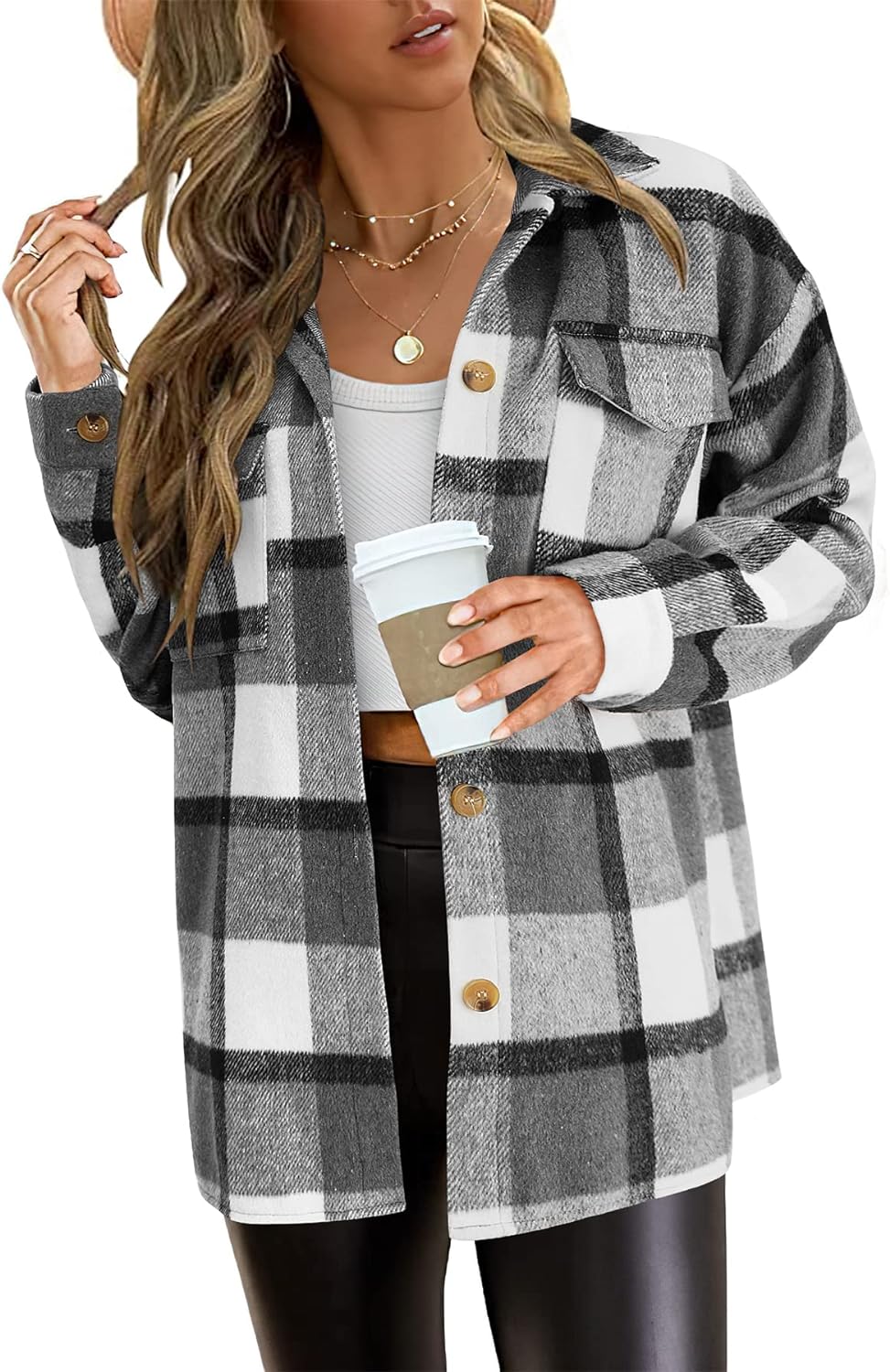 PRETTYGARDEN Women' 2024 Fall Clothes Plaid Shacket Jacket Long Sleeve Button Down Flannel Shirts Fashion Blouse