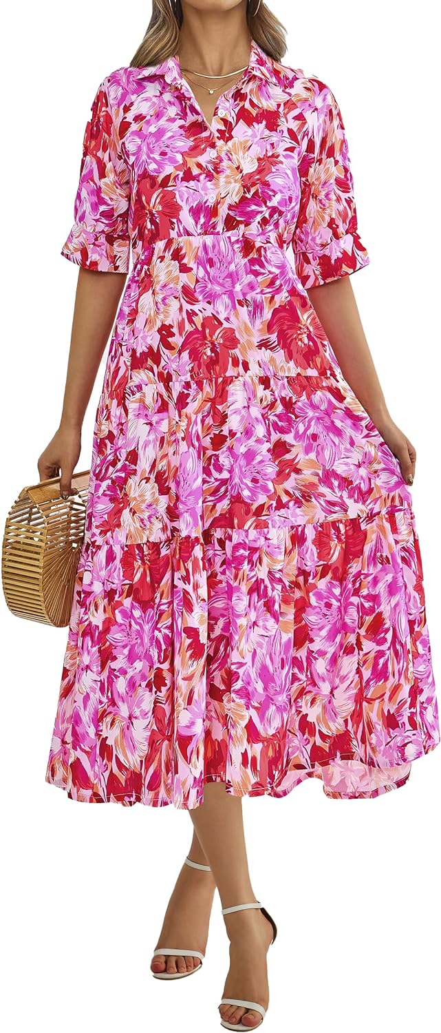 PRETTYGARDEN Summer Dress for Women Short Sleeve Button Up Ruffle A Line Flowy Maxi Dresses