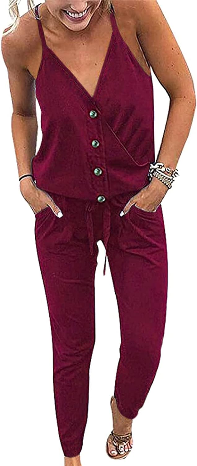 PRETTYGARDEN Women' Summer Casual Jumpsuits Wrap V Neck Sleeveless One Piece Pants Romper with Pockets