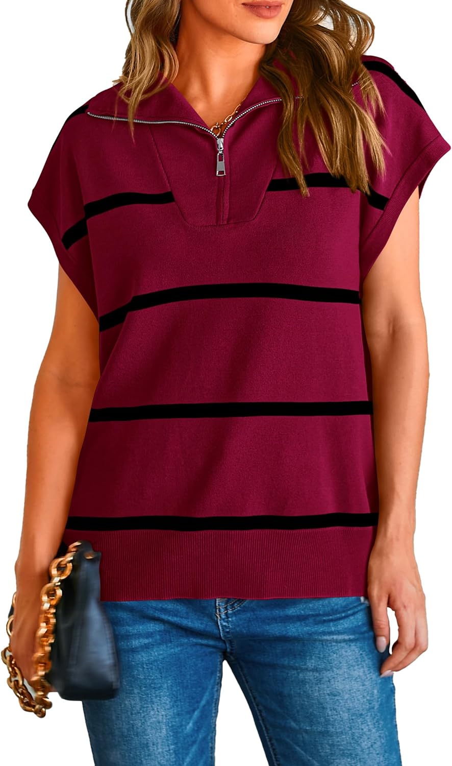 PRETTYGARDEN Women' Casual Striped T Shirts Cap Sleeve V Neck 1/4 Zip Basic Summer Tops Blouse