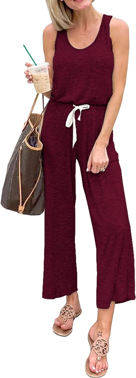 PRETTYGARDEN Women' Casual Sleeveless Solid Jumpsuit Crewneck Drawstring Waist Stretchy Long Pants Romper