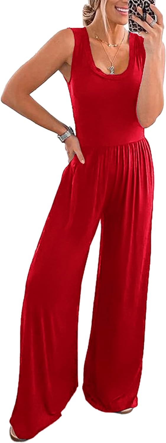 PRETTYGARDEN Womens Summer Sleeveless Tank Jumpsuits High Waist Low Cut Casual Scoop Neck Fit And Flare Long Pants Rompers