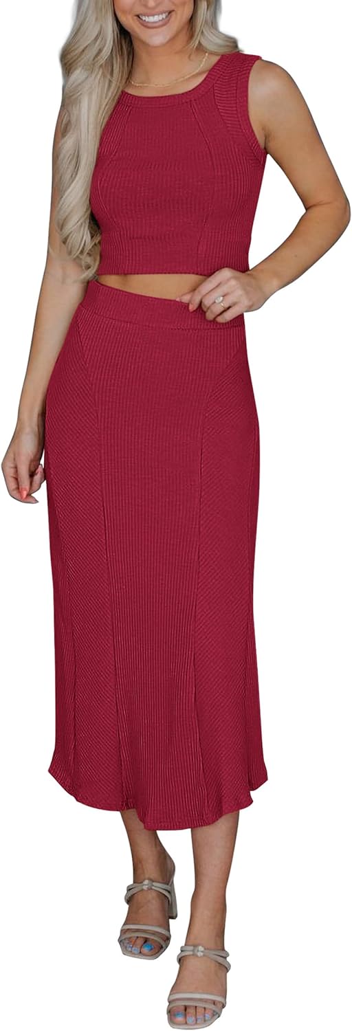 PRETTYGARDEN Womens Summer Two Piece Outfits Ribbed Crewneck Sleeveless Cropped Tank Tops and Bodycon Midi Skirt Matching Set