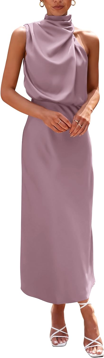 PRETTYGARDEN Women' 2024 Summer Satin Dress Elegant Sleeveless Mock Neck Cocktail Party Maxi Dresses