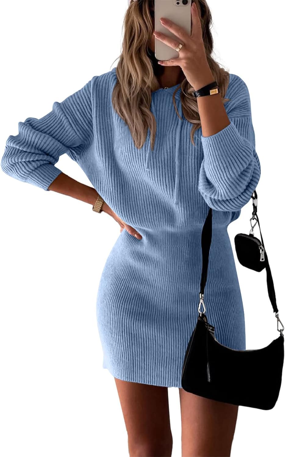 PRETTYGARDEN Women' Winter Rib Knit Pullover Sweater 2024 Fashion Fall Dresses Long Sleeve Hooded Bodycon Dress