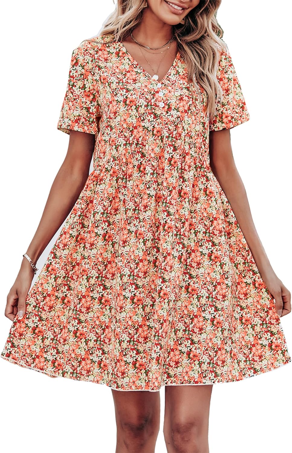 PRETTYGARDEN Summer Dress for Women 2024 Short Sleeve V Neck Ruffle Floral Swing A-Line Short Dresses