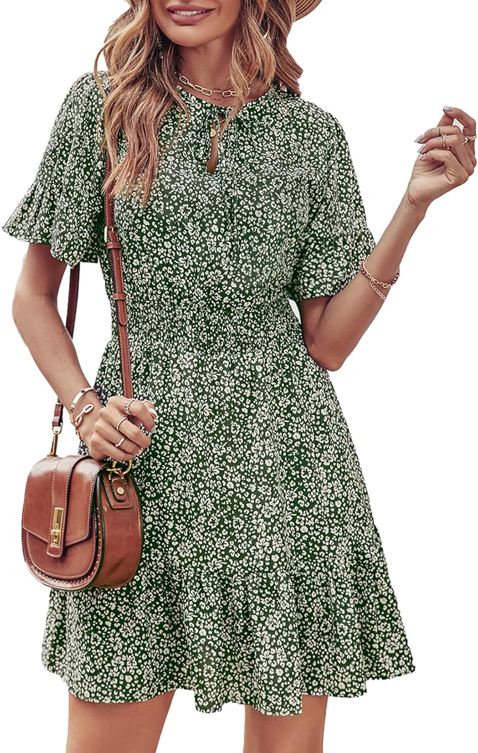 PRETTYGARDEN Women' Summer Boho Dress Casual Short Sleeve Tie V Neck Ruffle Floral Print Mini Skater Dresses