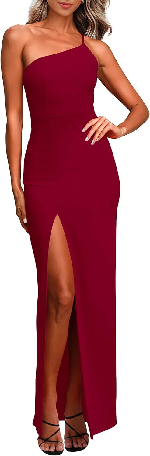 PRETTYGARDEN Women' Summer Formal Wedding Guest Dresses One Shoulder Spaghetti Strap High Slit Maxi Bodycon Dress