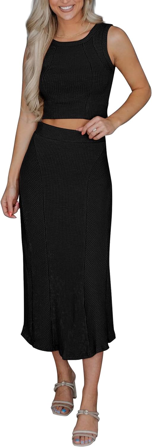 PRETTYGARDEN Womens Summer Two Piece Outfits Ribbed Crewneck Sleeveless Cropped Tank Tops and Bodycon Midi Skirt Matching Set