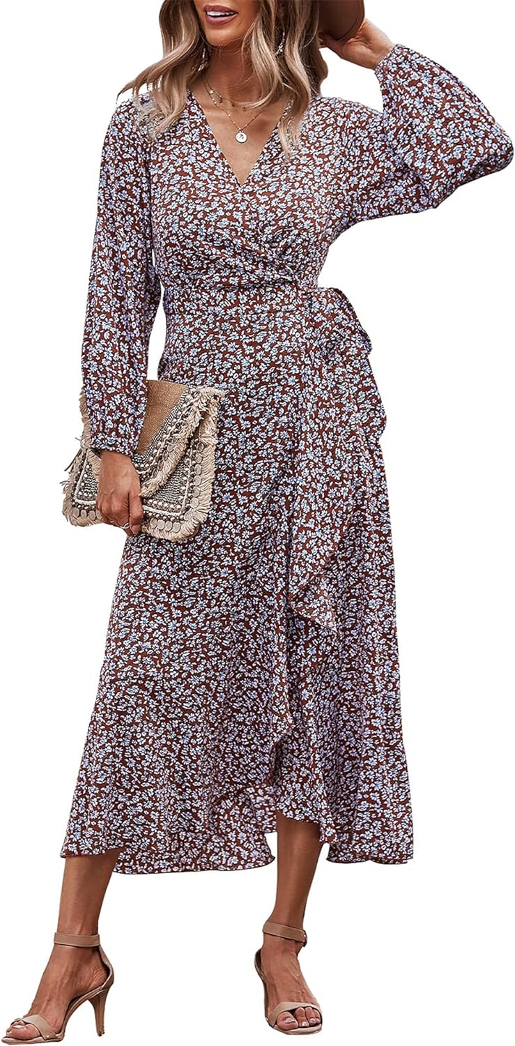 PRETTYGARDEN Women' Long Sleeve Vintage Flowy Dress Floral Print V-Neck Maxi Dresses with Belt