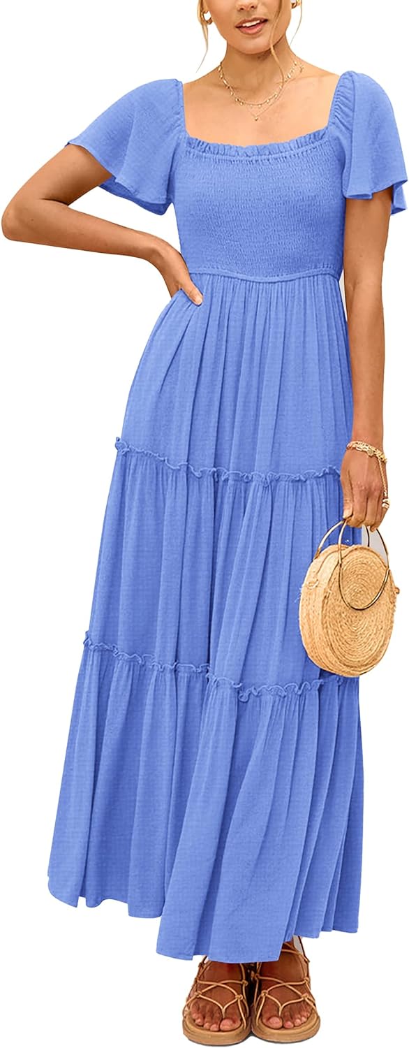 PRETTYGARDEN Women' Summer Maxi Dress Short Sleeve Square Neck Smocked Tiered Ruffle Long Flowy Boho Dresses with Pockets