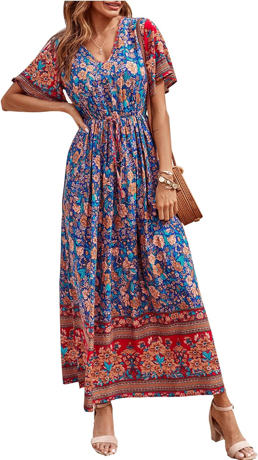 PRETTYGARDEN Women' Casual Summer Boho Floral Print Dress V Neck Short Sleeve High Waist Long Maxi Beach Dresses