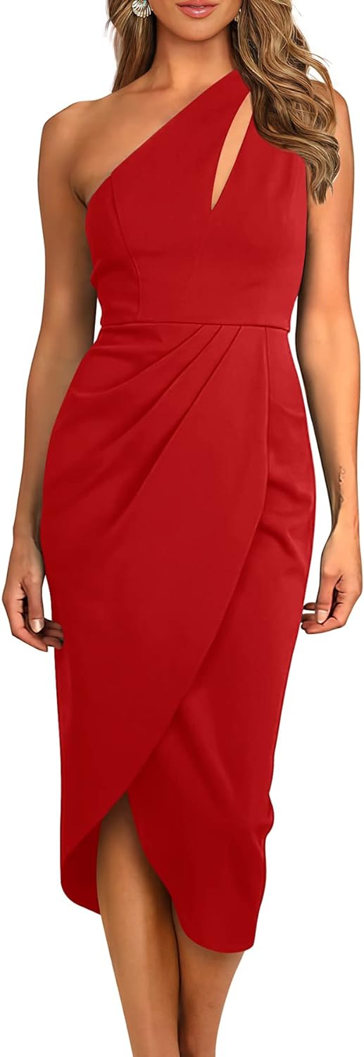 PRETTYGARDEN Women' One Shoulder Ruched Bodycon Dress 2024 Summer Cutout Slit Wrap Party Cocktail Midi Dresses