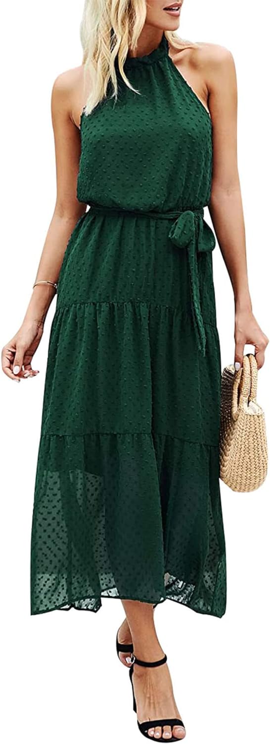 PRETTYGARDEN Womens Casual Halter Neck Sleeveless Floral Long Maxi Dress Backless Loose Ruffle Sundress with Belt