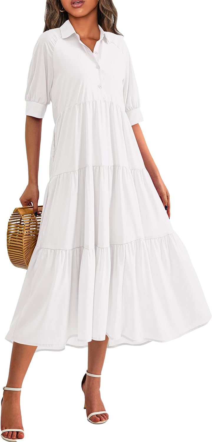 PRETTYGARDEN Summer Dress for Women Short Sleeve Button Up Ruffle A Line Flowy Maxi Dresses