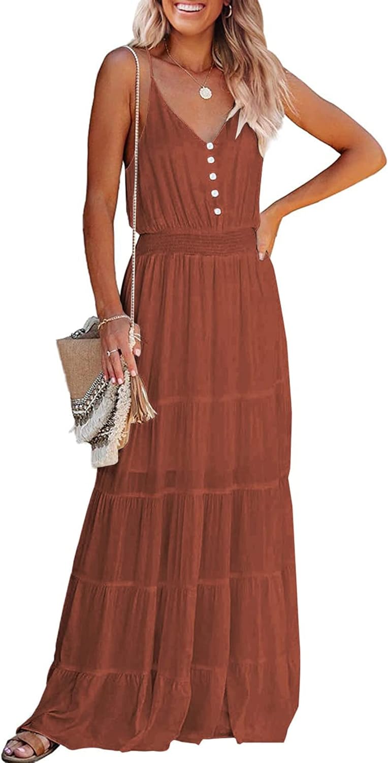 PRETTYGARDEN Women' Casual Summer Dress Spaghetti Strap Sleeveless High Waist Beach Long Maxi Sun Dresses