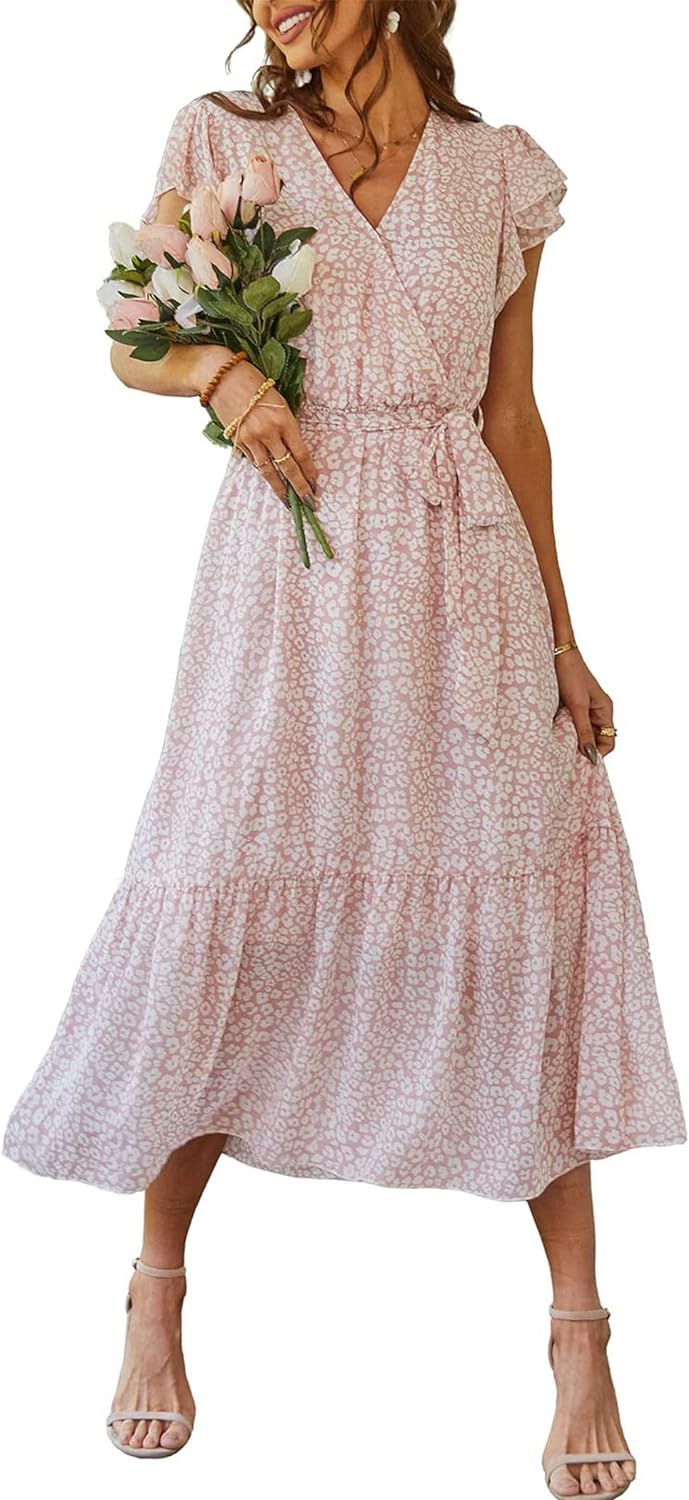 PRETTYGARDEN Women' 2024 Floral Boho Dress Wrap V Neck Short Sleeve Belted Ruffle Hem A-Line Flowy Maxi Dresses