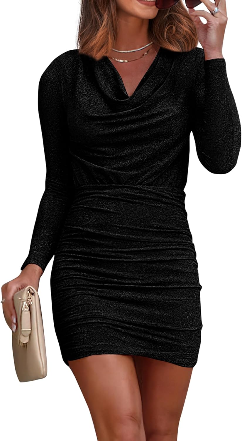 PRETTYGARDEN Women' Fall Bodycon Mini Dress Sparkly Long Sleeve Cowl Neck Ruched Short Club Cocktail Wedding Guest Dresses