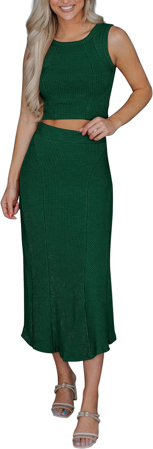 PRETTYGARDEN Womens Summer Two Piece Outfits Ribbed Crewneck Sleeveless Cropped Tank Tops and Bodycon Midi Skirt Matching Set