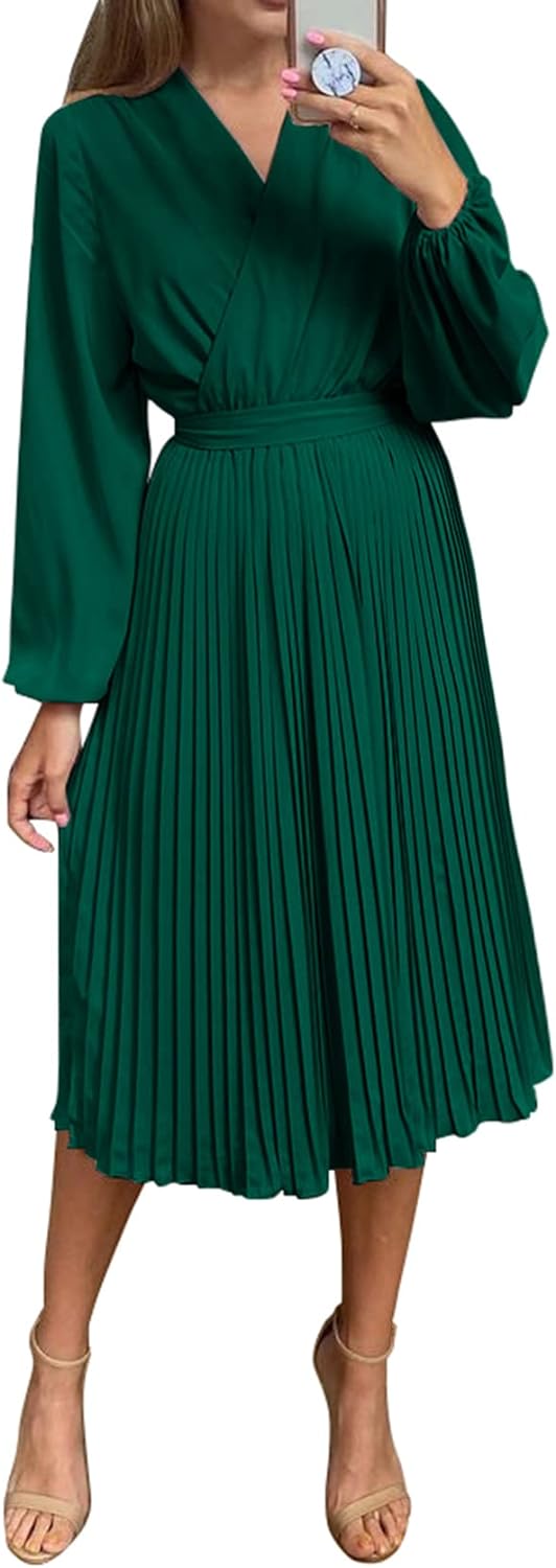 PRETTYGARDEN Women' Spring Midi Dress Long Puff Sleeve Wrap V Neck Flowy Ruffle Pleated Casual Fall Dresses